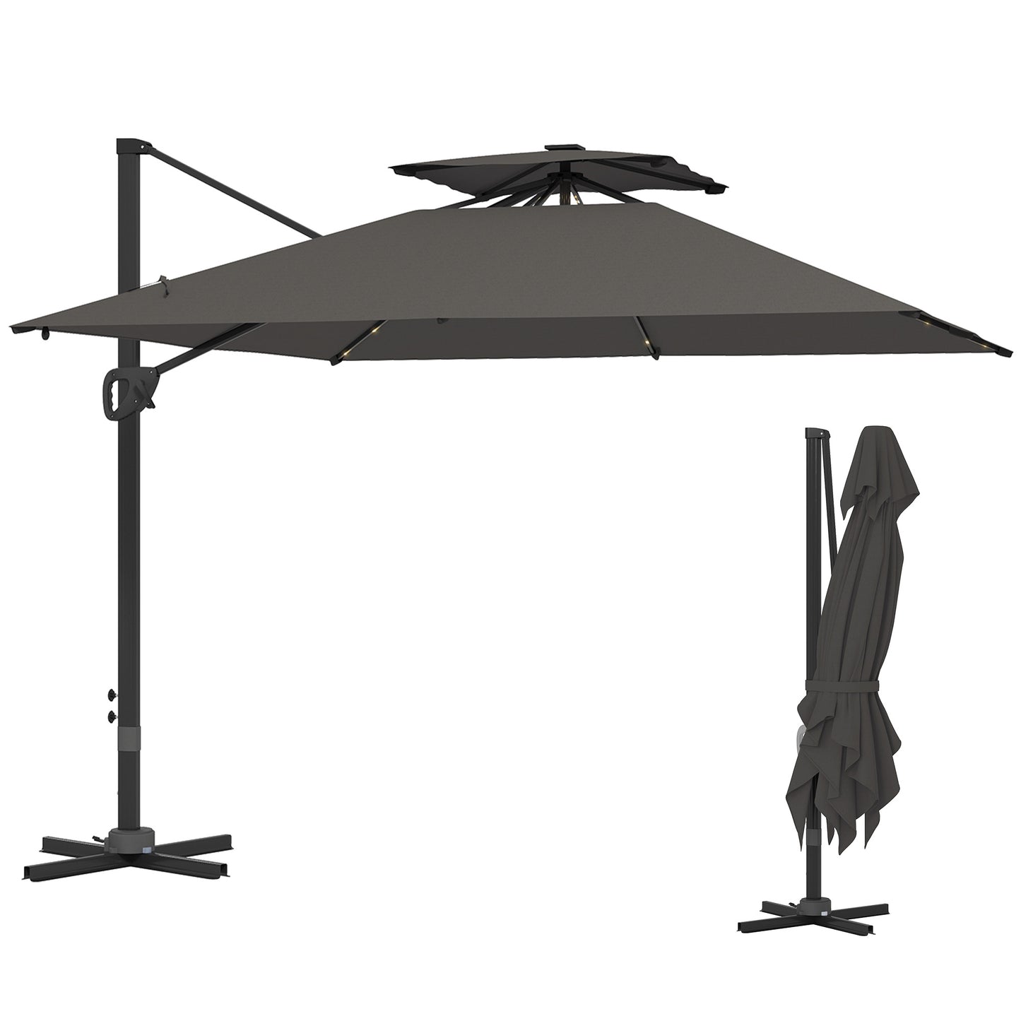 Outsunny Garden Cantilever Parasol w/ Solar LED Lights, Aluminium Patio Umbrella, UPF50+ Shade, Cross Base, Crank & Tilt, 3.5x3 m, Grey