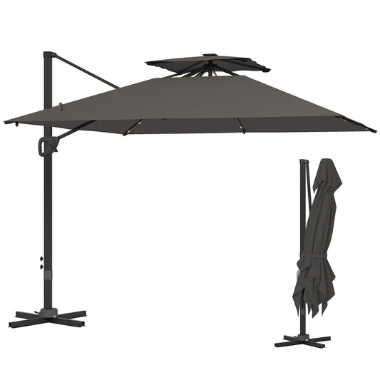 Outsunny Garden Cantilever Parasol w/ Solar LED Lights, Aluminium Patio Umbrella, UPF50+ Shade, Cross Base, Crank & Tilt, 3.5x3 m, Grey