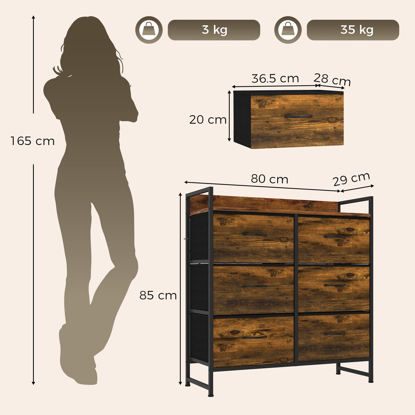 HOMCOM Rustic Chest of Six Fabric Drawers - Rustic Brown