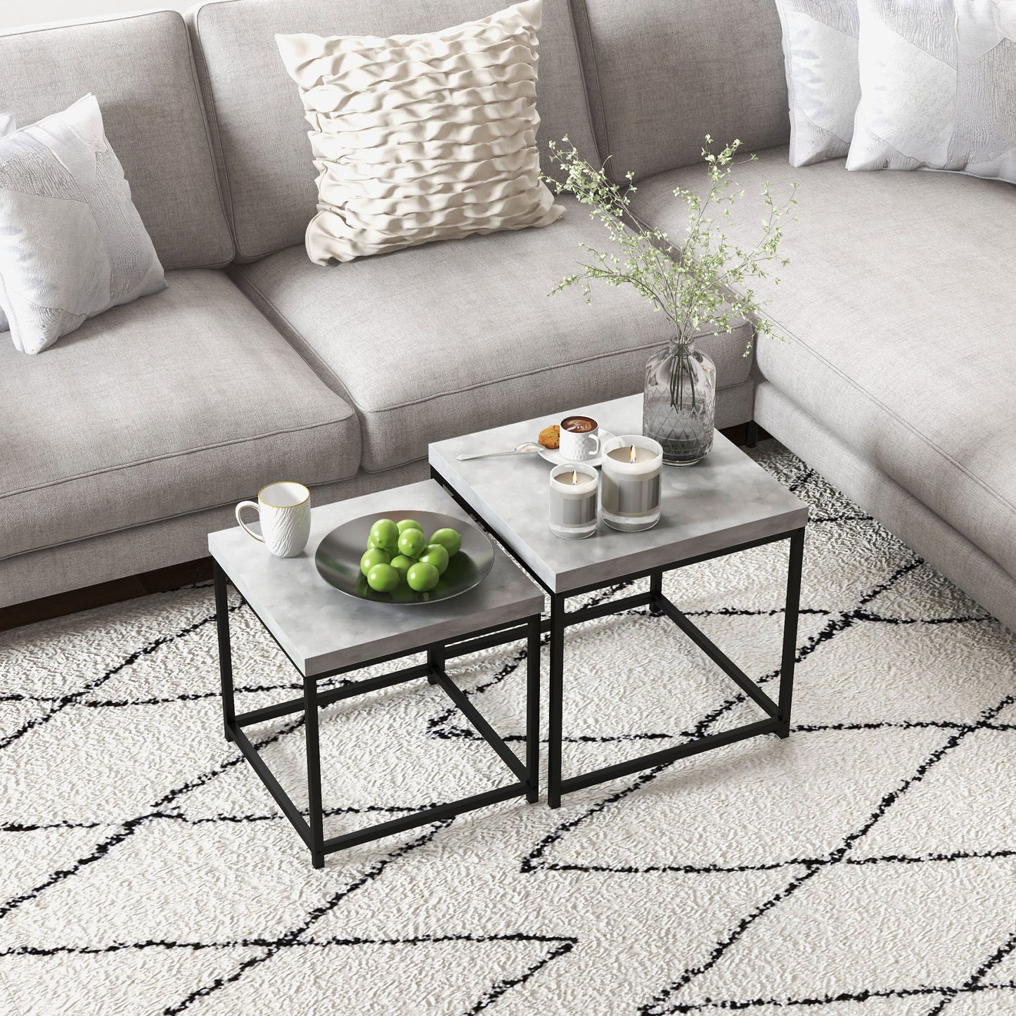 HOMCOM Coffee Table Set of 2, Nest of Tables with 3.5cm Thick Tabletop, Grey