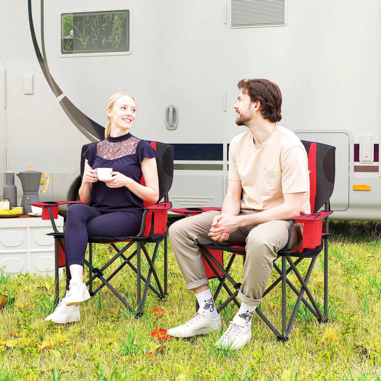 Outsunny Set of 2 Padded Folding Camping Chairs, Adjustable Armrests, Cooler Bag, Cup Holder, Side Pockets, Portable & Lightweight, Red