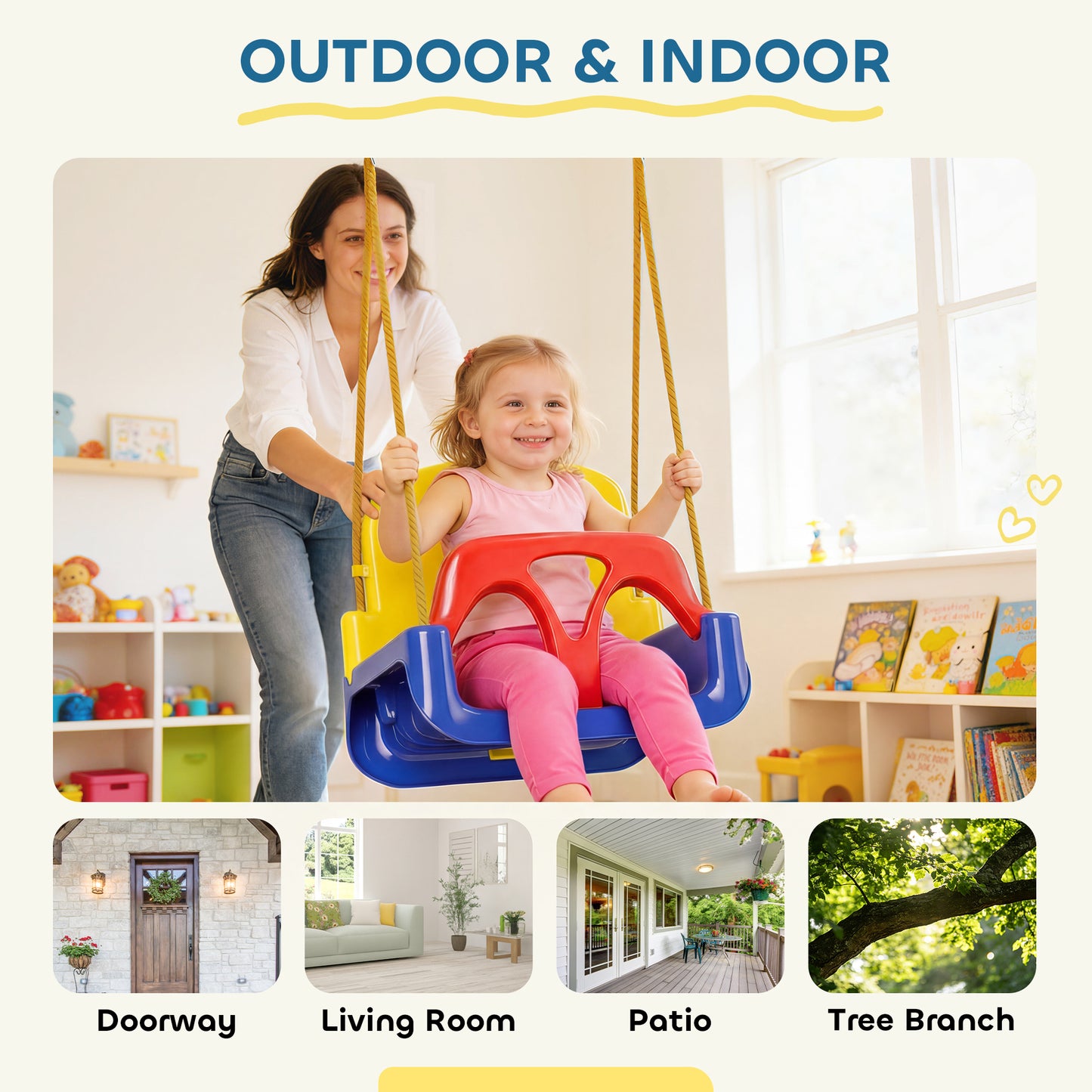Outsunny 3 in 1 Detachable Kids Swing Seat with Seatbelt, Adjustable Rope for Indoor, Outdoor, Dark Blue