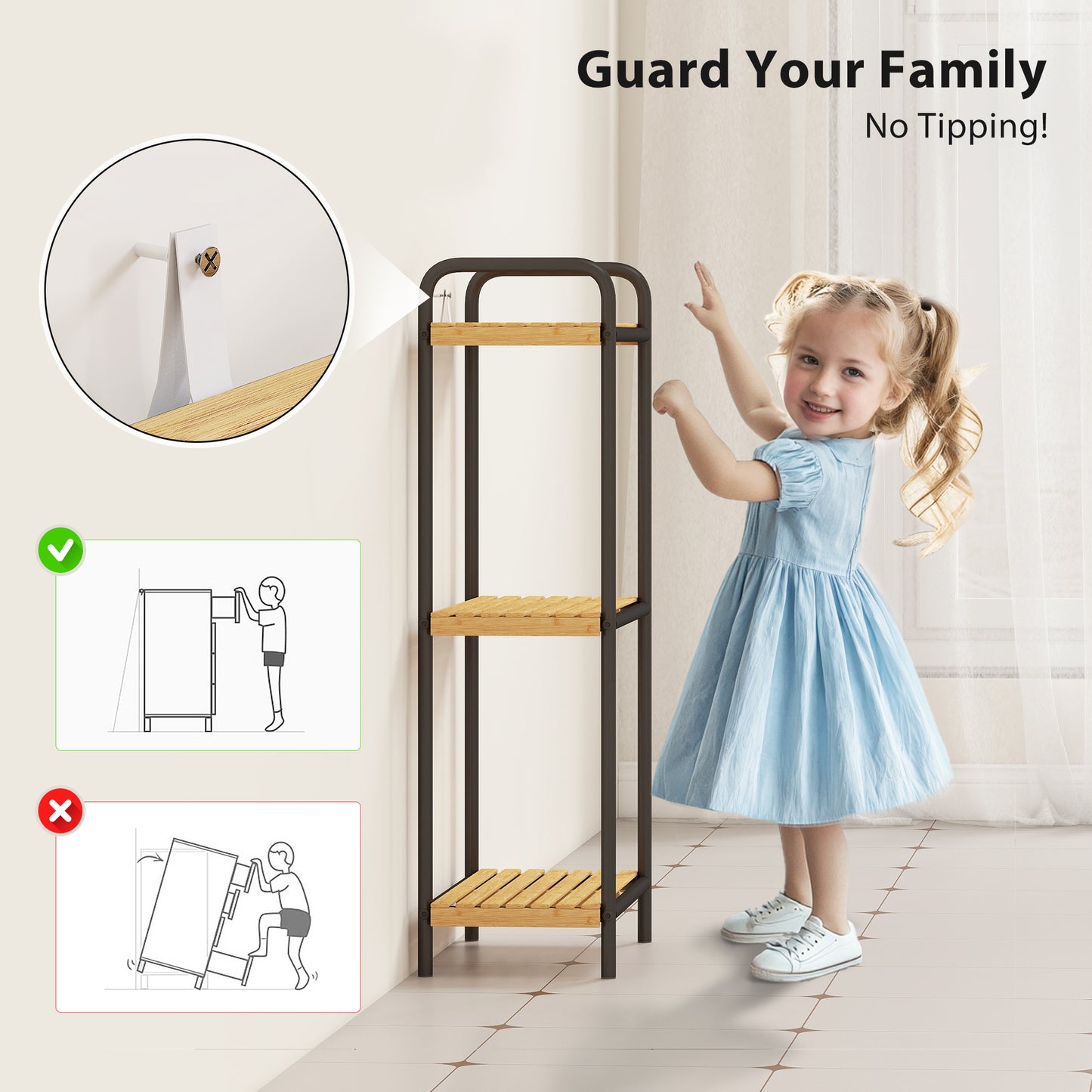 HOMCOM 3-Tier Bamboo Storage Shelf, Freestanding Narrow Unit with Slatted Shelves, 41.5x21.5x77.5 cm, Natural and Black