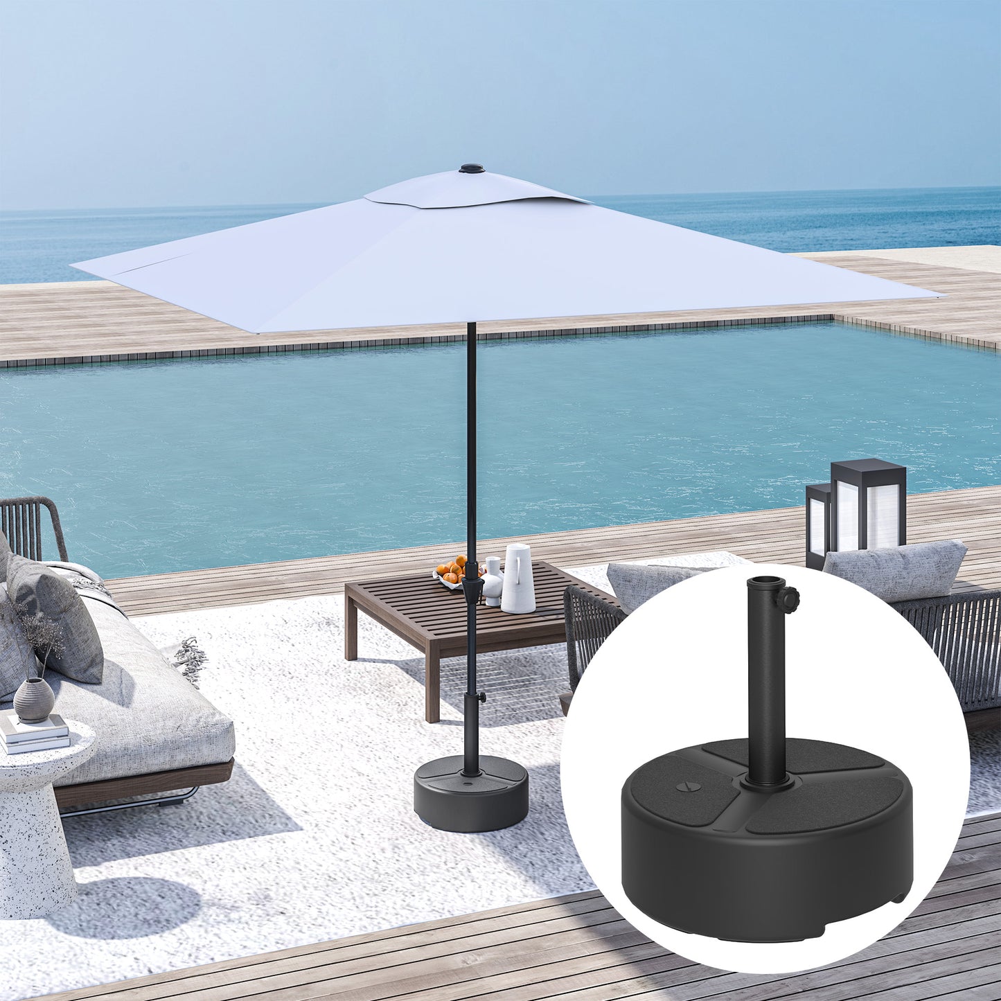 Outsunny Round Garden Parasol Base, Heavy Duty, Holds 20kg with Sand/18kg with Water, Black