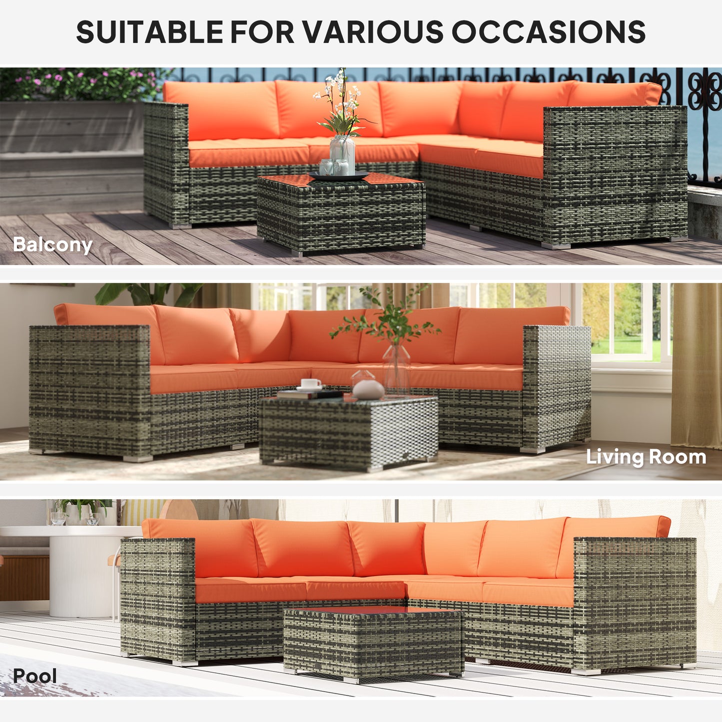Outsunny Rattan Garden Furniture Set, Sofa & Coffee Table, Orange