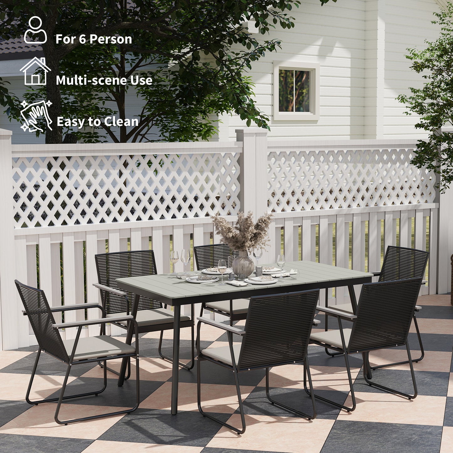 Outsunny 6 Seater Garden Dining Set, Soft Cushions, Rattan Backrest, Rectangular Plastic Top, Outdoor Furniture for Patio, Balcony, Poolside, Grey
