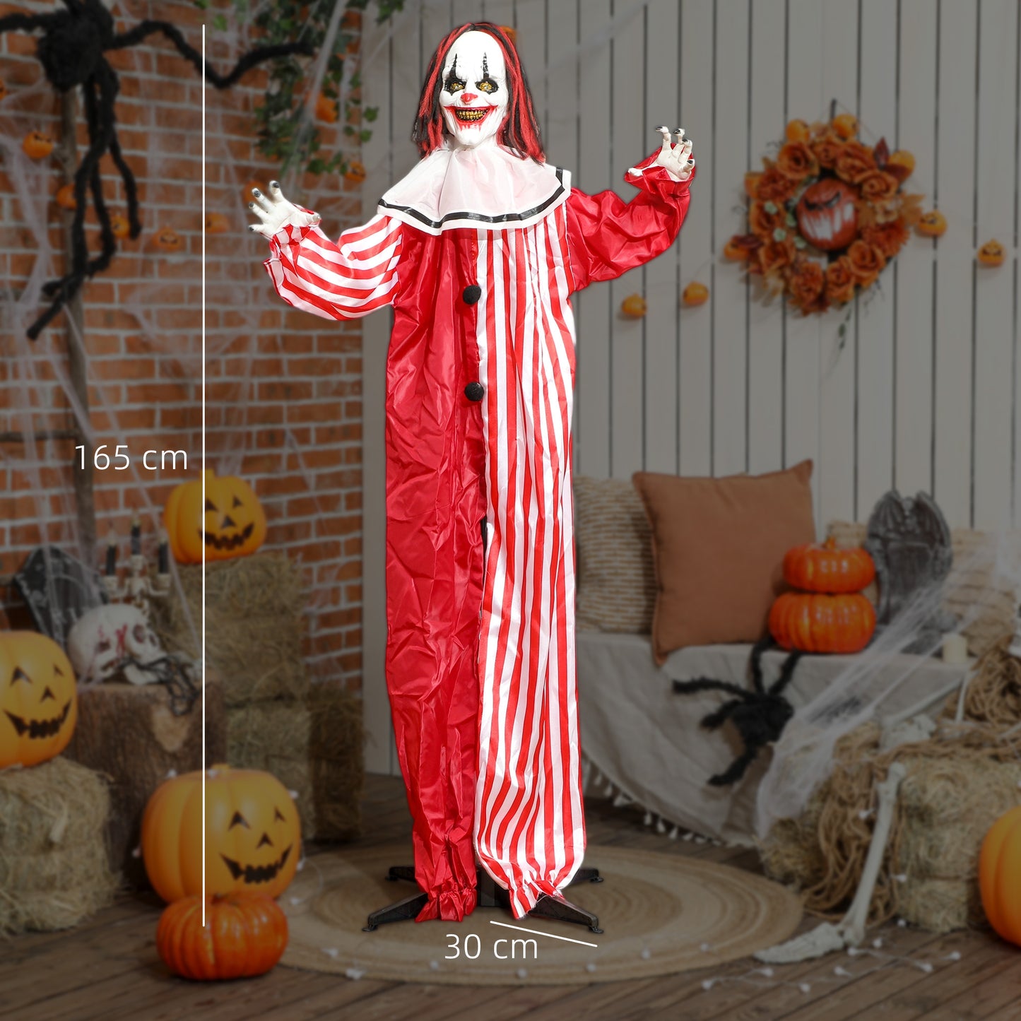 Outsunny 165 cm Life Size Halloween Animated Clown, Sound Activated with Light Up Eyes, Moving Body, Battery Operated Indoor Props, Red