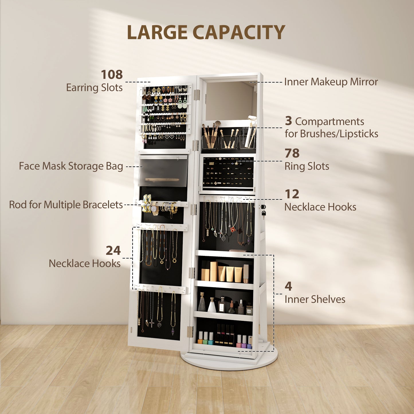 HOMCOM Lockable 360° Swivel Jewellery Cabinet with LED Lights, Full-Length Mirror & Storage for Accessories, Free Standing, White