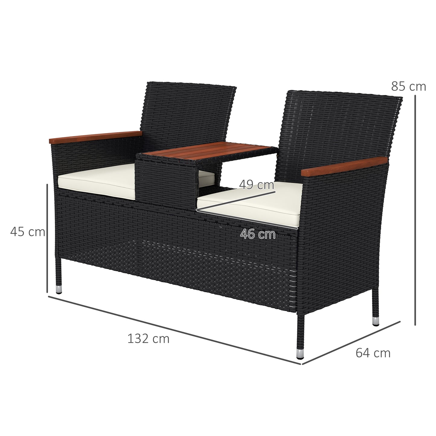 Outsunny Two-Seat Rattan Loveseat with Wood-Top Middle Table - Black