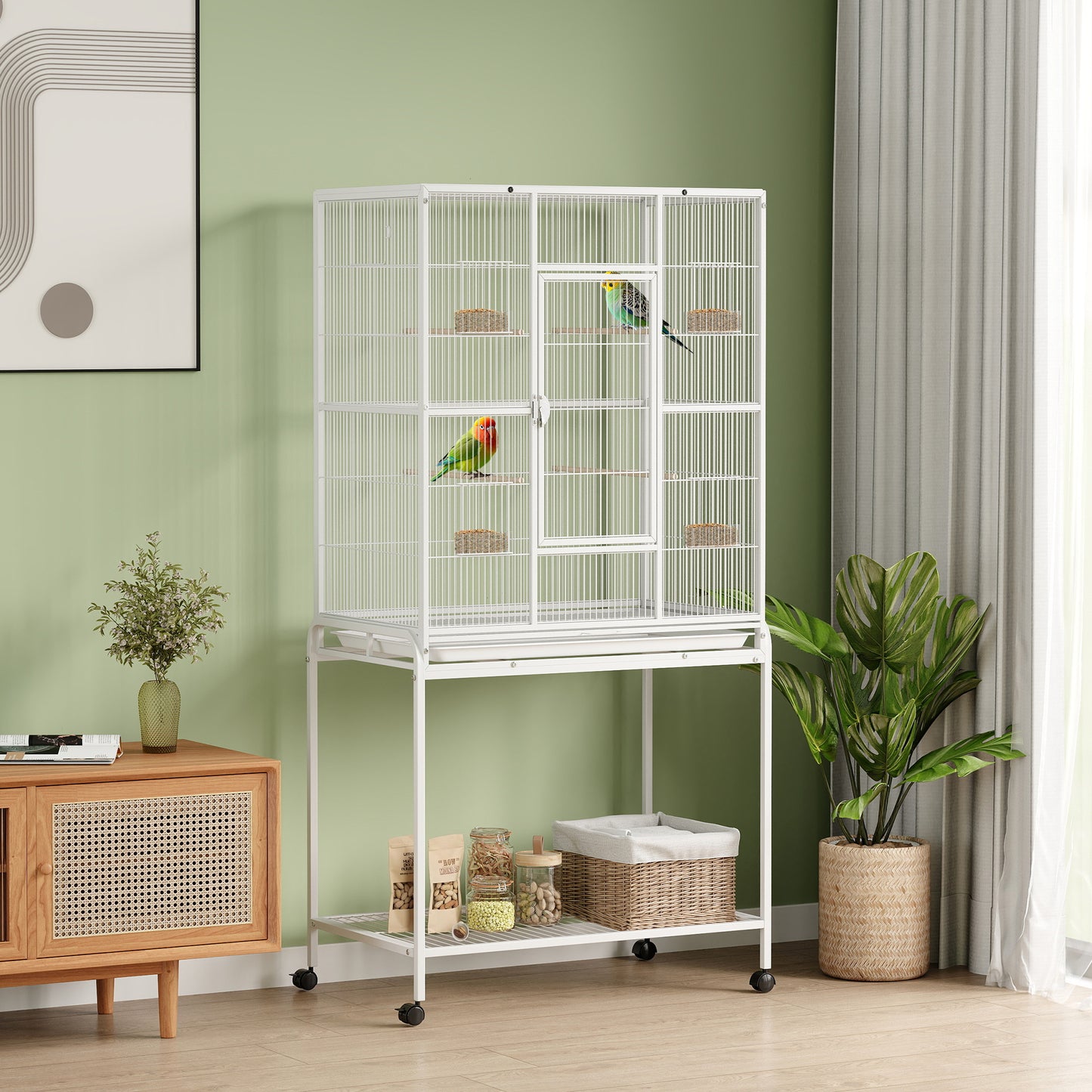 PawHut Large Bird Cage Budgie Cage with Stand, Storage Shelf, Wood Perch for Parrot, 81 x 48 x 162.5 cm, White