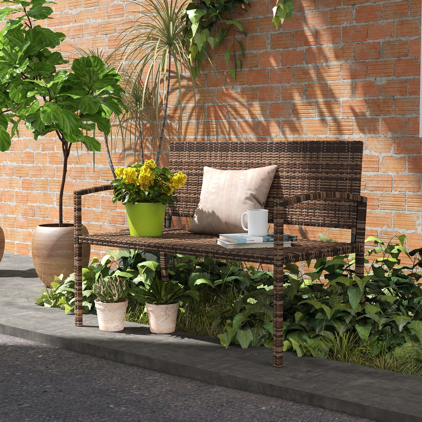Outsunny All Weather Wicker Garden Loveseat, 2 Seater Poly Rattan Garden Bench, Outdoor Seating Bench Brown