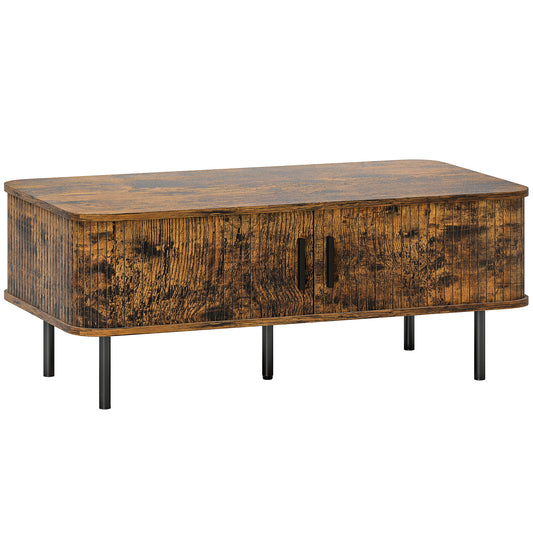 HOMCOM Coffee Table with Storage, Slatted Tambour Sliding Doors, Elevated Base, Foot Pads, Rectangular for Living Room, Rustic Brown