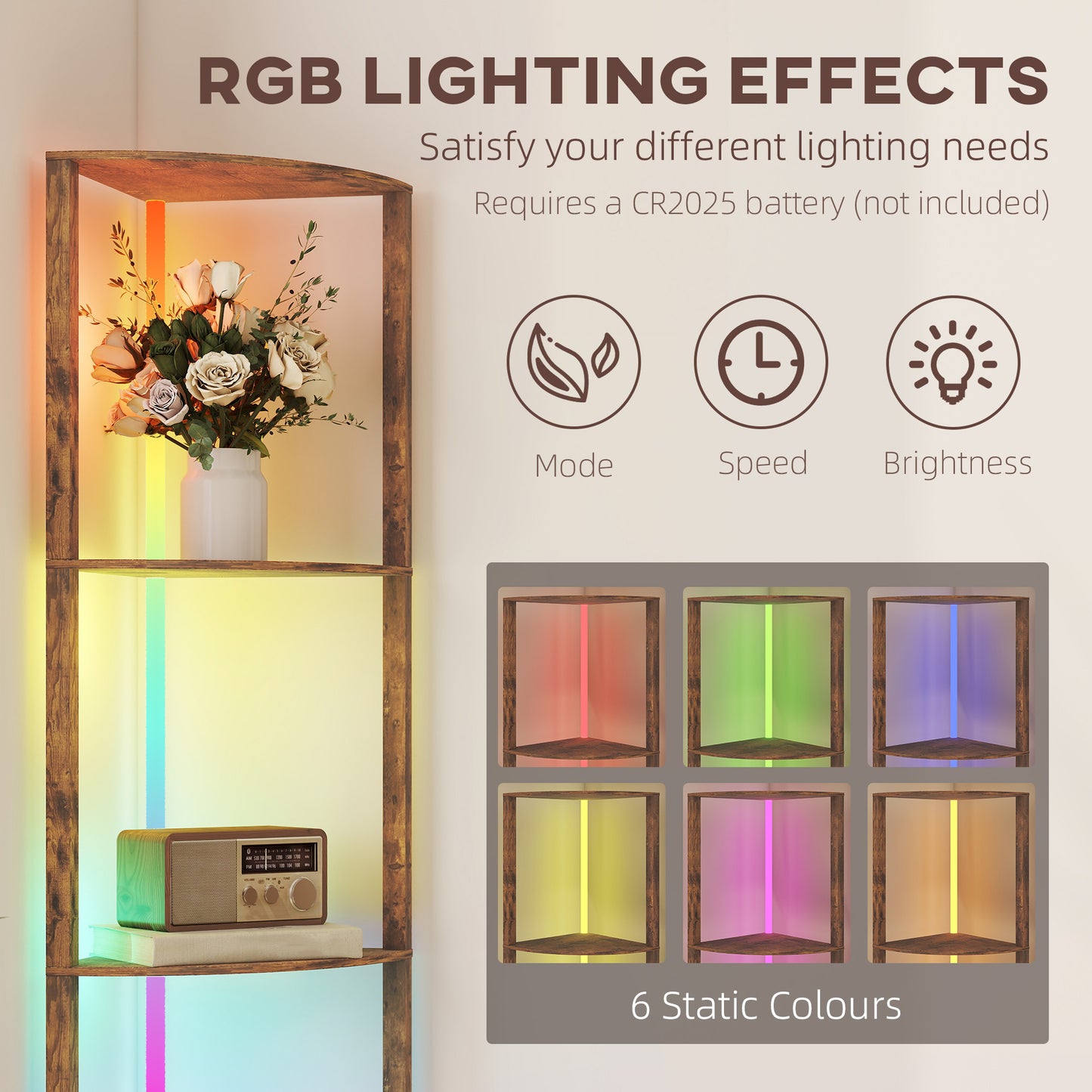 HOMCOM RGB LED Floor Lamp with Shelves, 5-Tier Dimmable, Remote Control, Corner Display for Living Room/Bedroom/Office, Rustic Brown