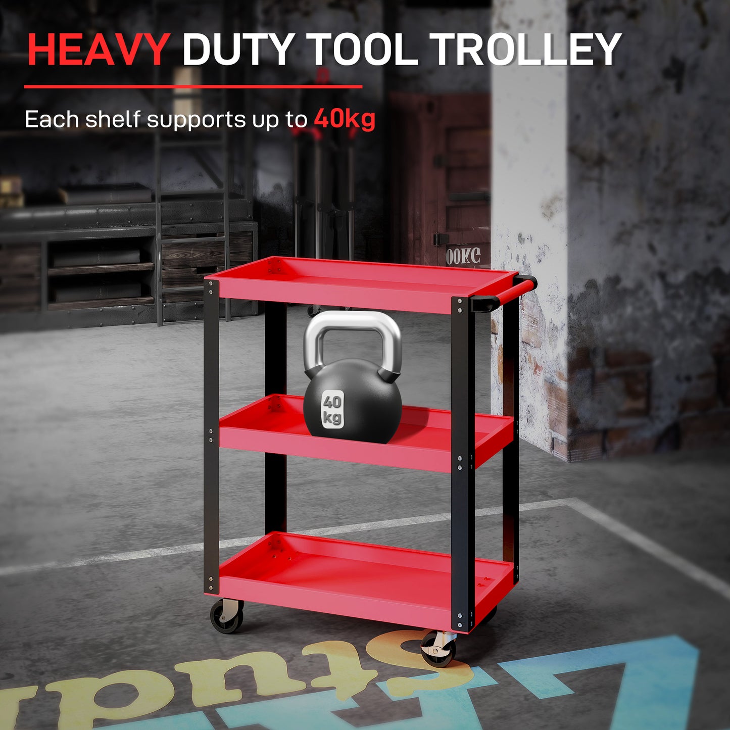 HOMCOM Tool Utility Cart Heavy Duty Tool Trolley Rolling with Brake Swivel Castors 3 Shelves Black Red
