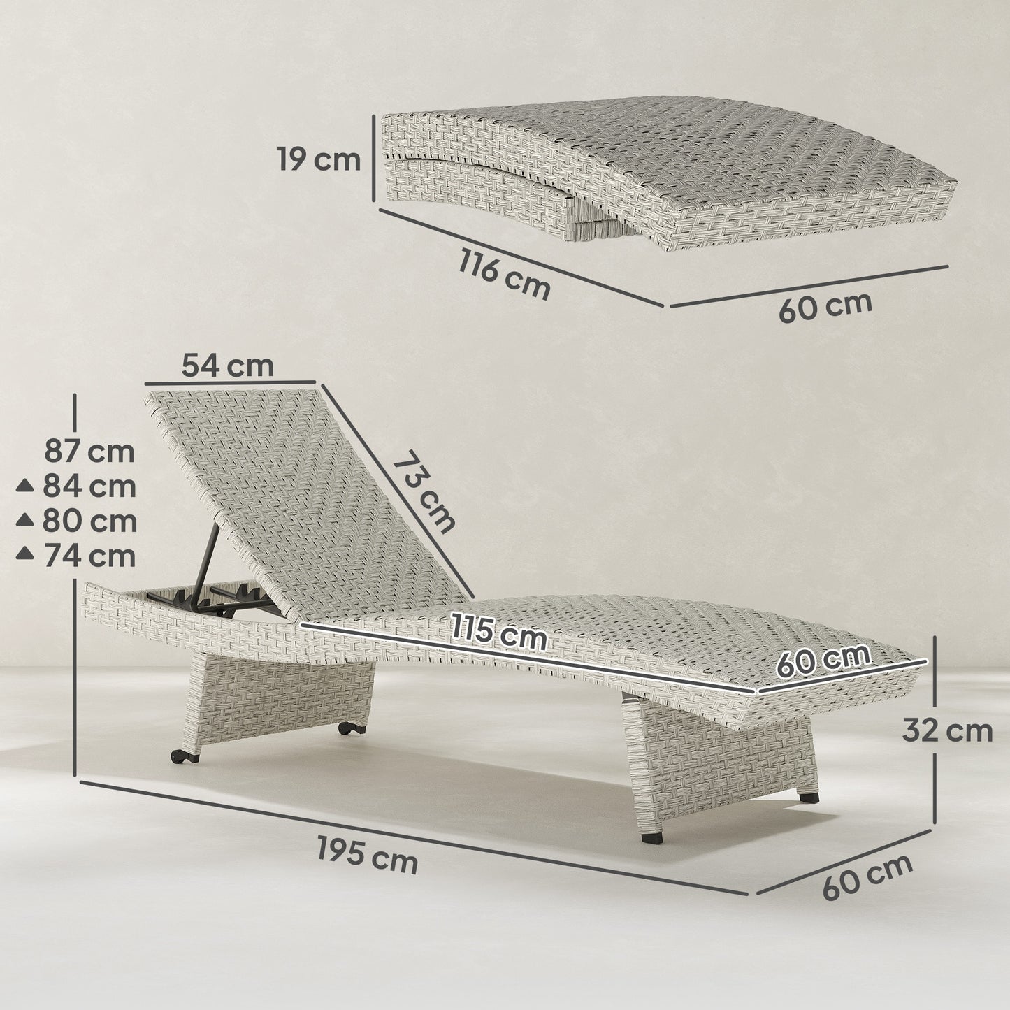 Outsunny Outdoor PE Rattan Folding Sun Lounger with Adjustable Backrest, Wheels & Non-Slip Legs for Balcony/Beach, Grey.