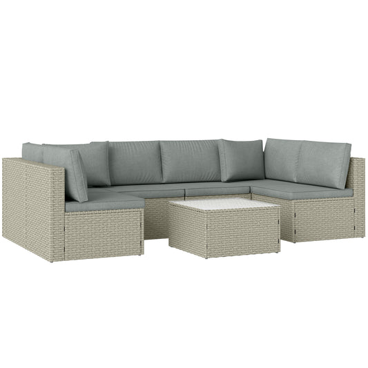 Outsunny 7-Piece Rattan Garden Furniture Set, 6-Seater Corner Sofa, Cushions, Glass Table, Outdoor Sectional for Patio, Light Brown