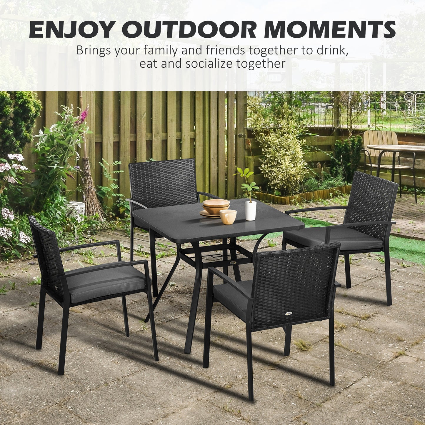 Outsunny 4 Seater Rattan Garden Furniture Set 5 Pieces Outdoor Dining Set with Cushions Umbrella Hole - Black