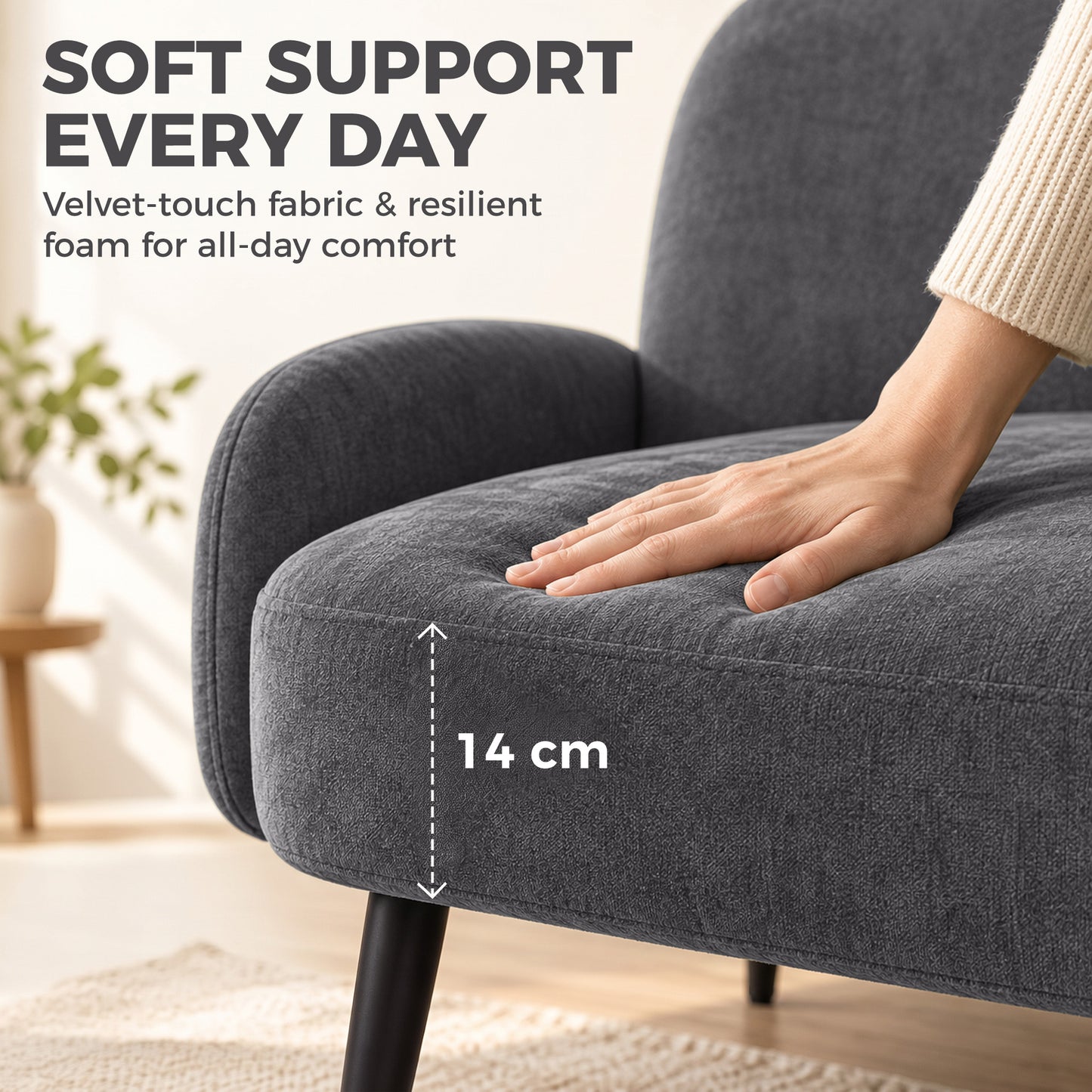 HOMCOM 132cm 2 Seater Sofa, Velvet Comfy Small Sofa Couch with Wide Seat, Thick Padding, Tapered Metal Legs, Dark Grey