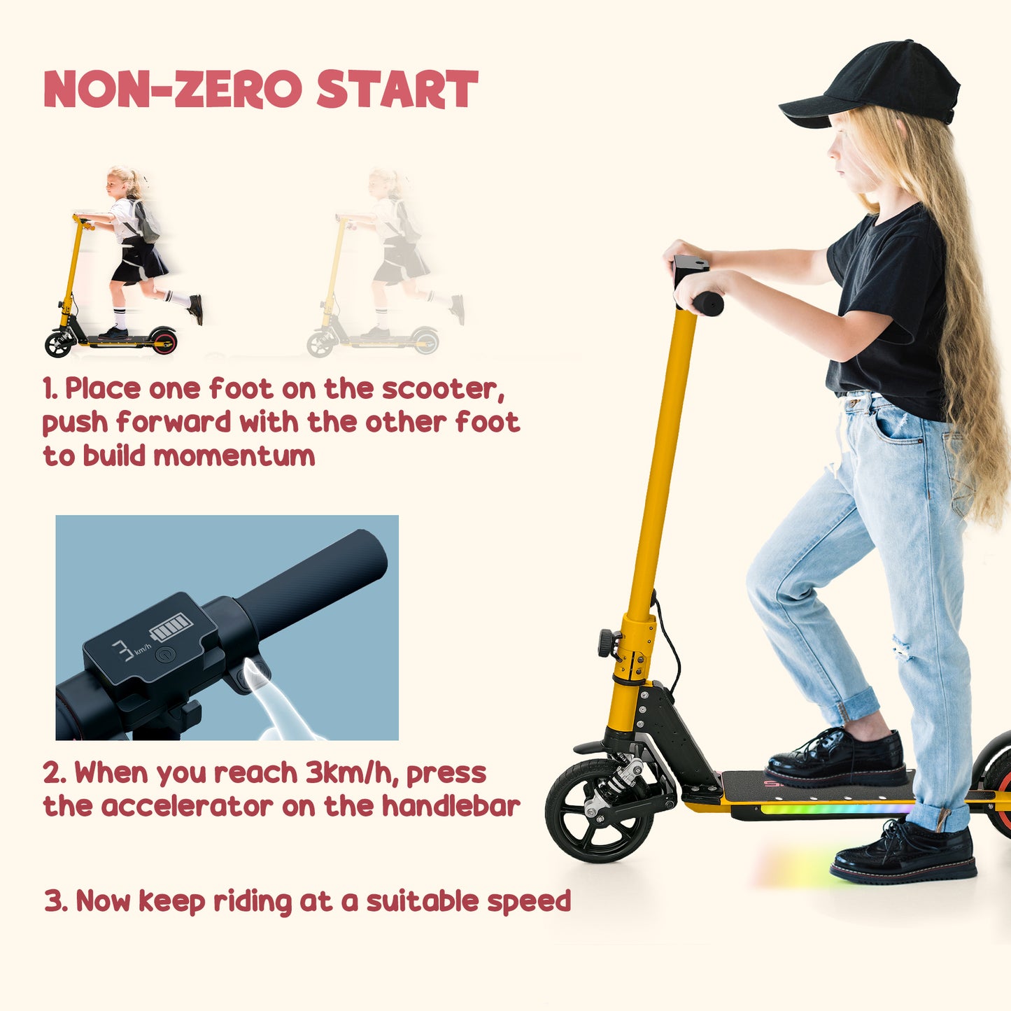SPORTNOW Folding Electric Scooter for Kids 6-14, Dual Brakes, LED Lights, 6.8kg, Up to 14 KM/H, Gold Tone