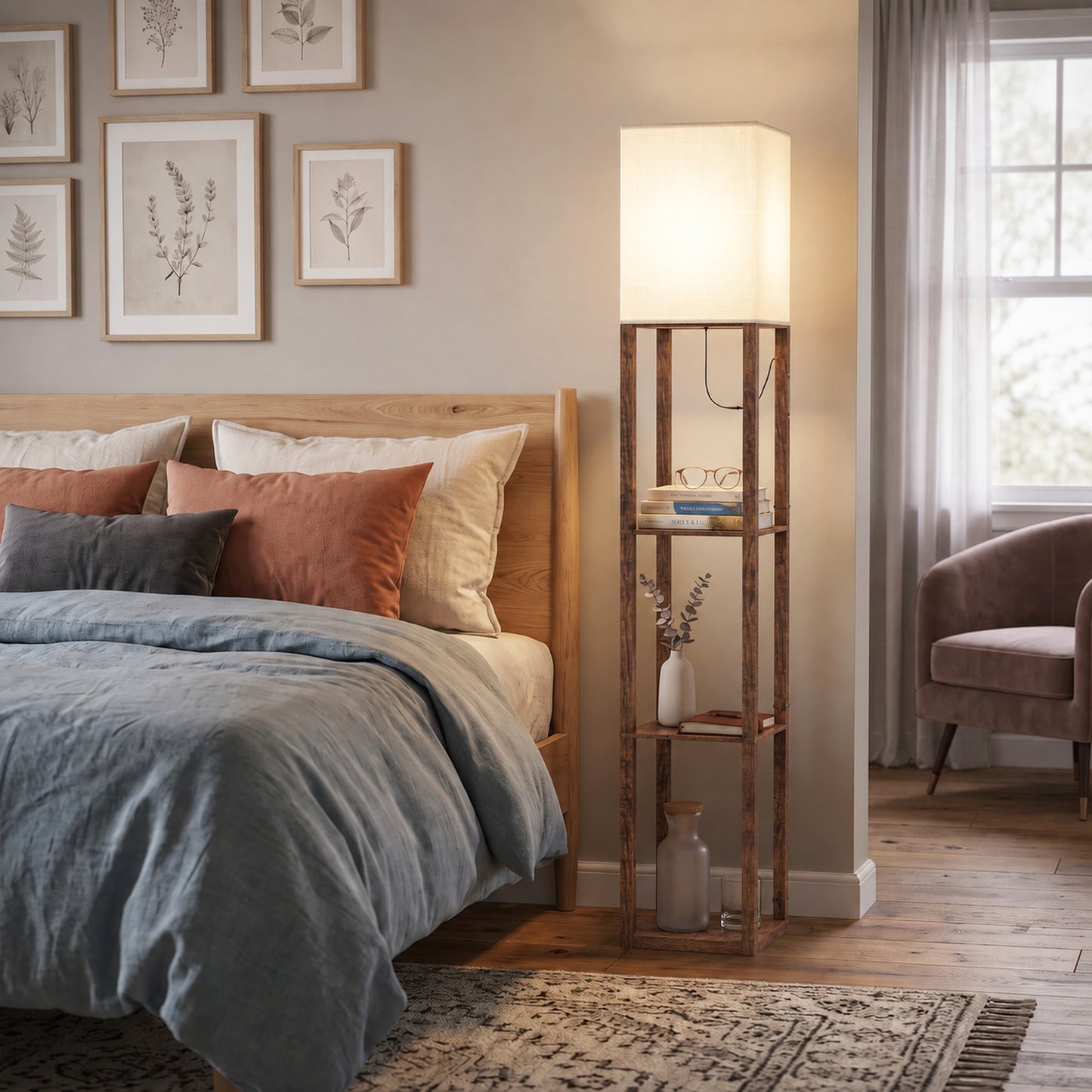 HOMCOM Floor Lamp with Shelves, Modern Dimmable Standing Lamp with Fabric Shade, Adjustable Colour Temperature, Rustic Brown