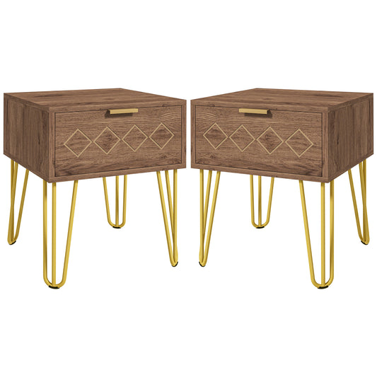 HOMCOM Bedside Table Set of 2 with Drawer, Wooden Nightstand, Modern Sofa Side Table with Gold Tone Metal Legs for Bedroom