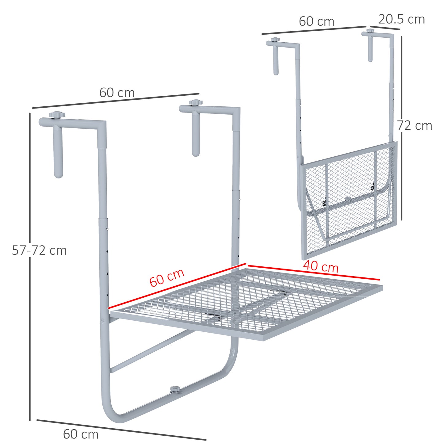 Outsunny Balcony Hanging Table, Metal Wall Mount Desk, Adjustable Folding Balcony Deck Table for Patio and Garden, Grey