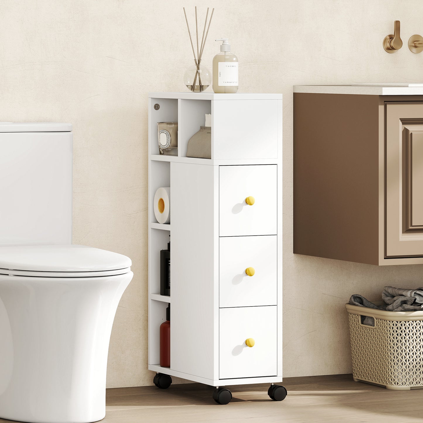 HOMCOM Slim Bathroom Storage Unit with Wheels - White