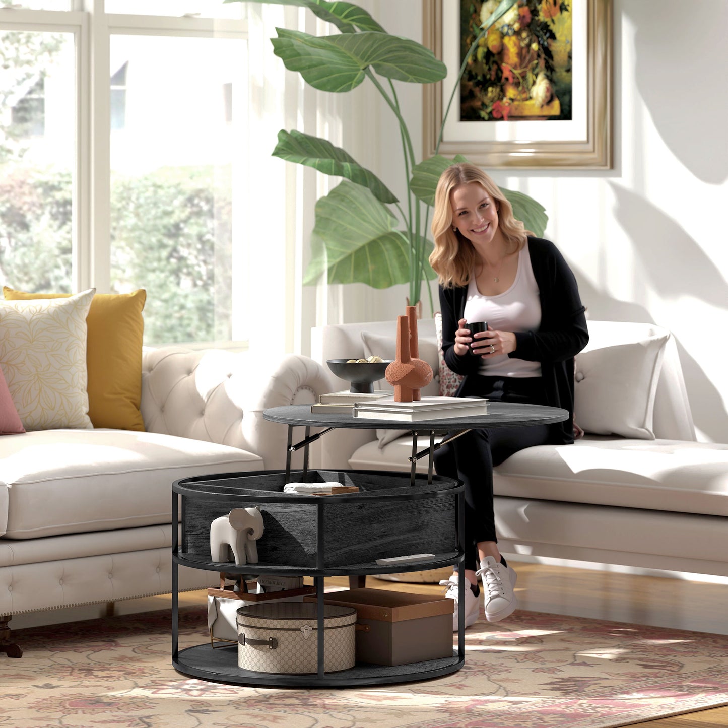 HOMCOM Lift Top Coffee Table, Round Coffee Table with Storage Shelf, Hidden Compartment and Steel Frame for Living Room, Home Office, Charcoal Grey