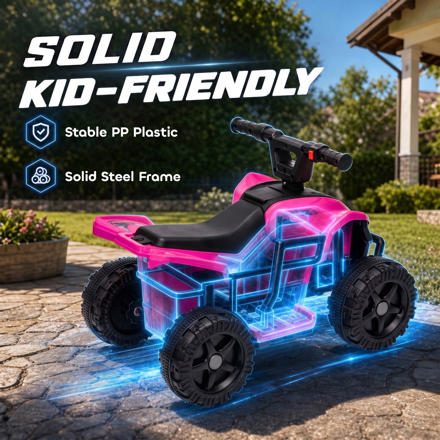 AIYAPLAY 6V Battery Powered Kids ATV, Quad Bike w/ Handlebar Button Control, Max 1.2MPH, Max 55lbs Load, for 18-48 M, Rose Red