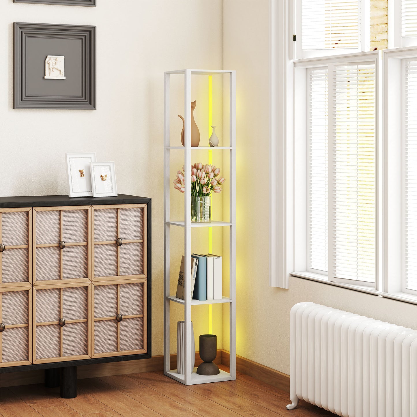 HOMCOM Floor Lamp with Shelves, RGB LED, Modern Dimmable with Remote Control, Adjustable Brightness & Speed for Living Room, Bedroom, Office, White