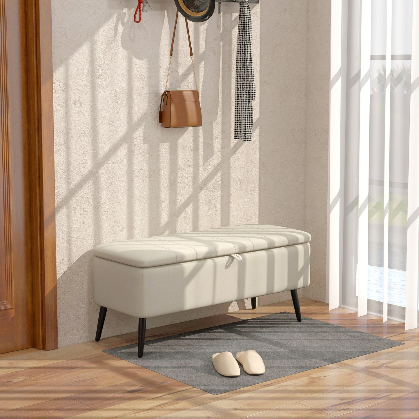 HOMCOM Storage Ottoman Linen Fabric Bench with Flip Top - Cream White