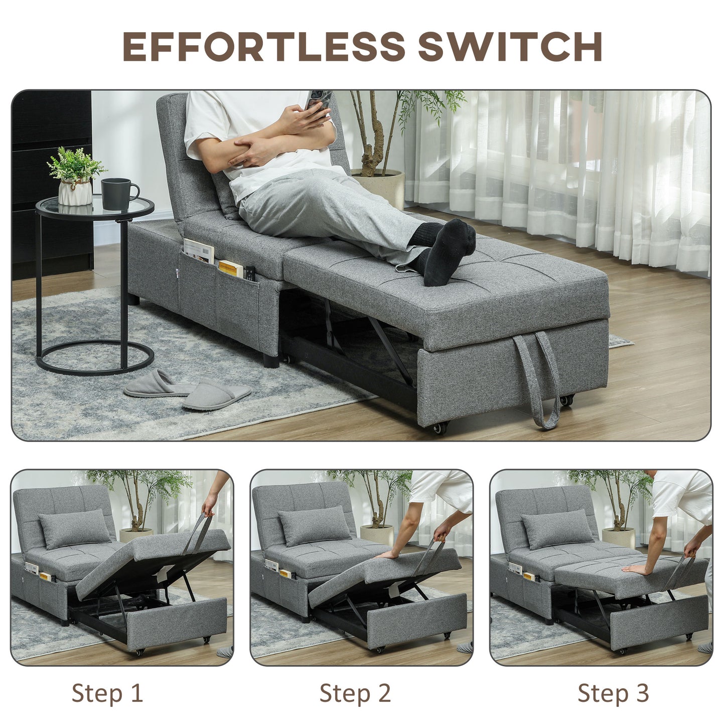 HOMCOM Four-In-One Single Sleeper Chair - Light Grey