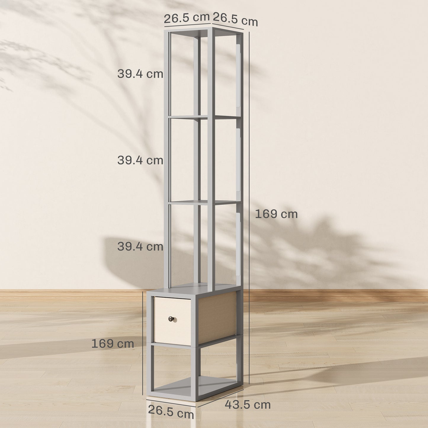 HOMCOM Floor Lamp with Shelves, LED Column Standing Lamp with Fabric Drawer, Adjustable Brightness, Foot Switch, Grey