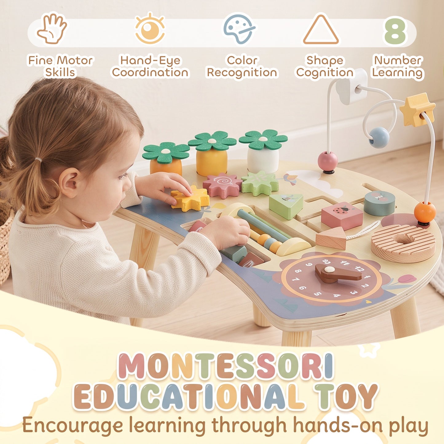AIYAPLAY Wooden Baby Activity Table for 1-3 Years, 6-in-1 Montessori Activity Table with Gears, Bead Maze, Rotating Clock