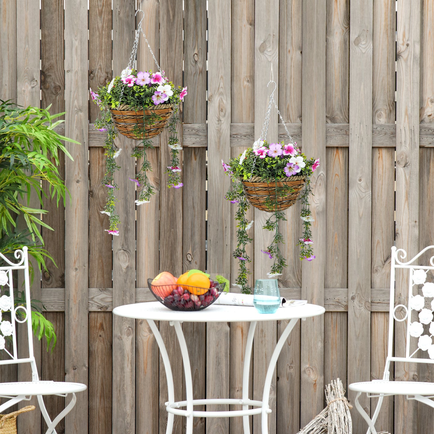 HOMCOM Set of 2 Decorative Artificial Plants, Faux Silk Azalea Flowers in Hanging Baskets, Pink and White