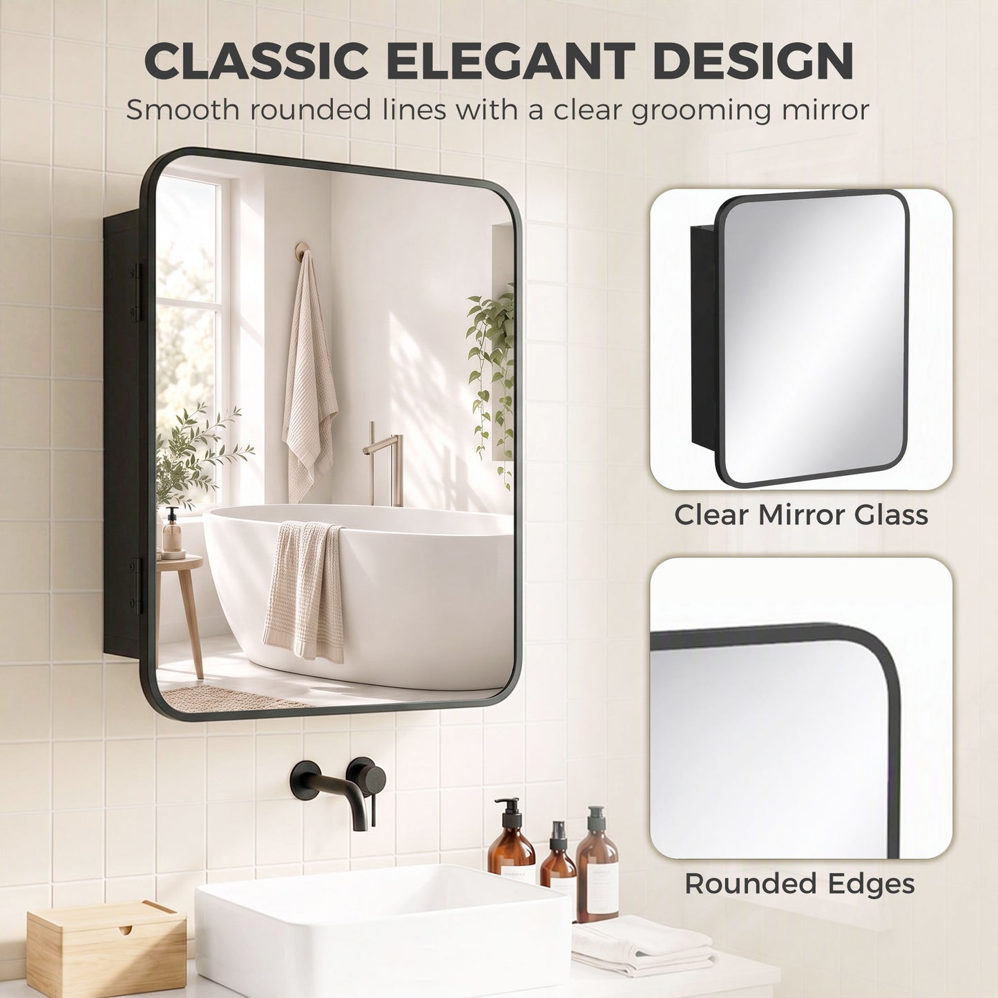HOMCOM Bathroom Medicine Mirror Cabinet, Bathroom Wall Cabinet with Storage, Magnetic Door and Adjustable Shelf, Black