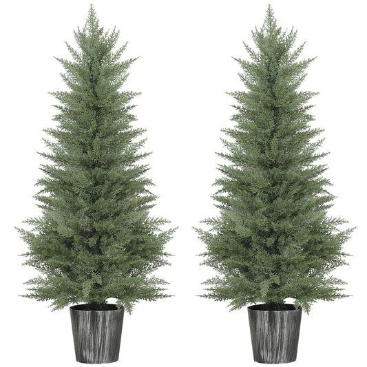 HOMCOM 135cm Artificial Cypress Trees Set of 2, UV Resistant with Decorative Pot, Fake Plants for Indoor Outdoor Decor, Green