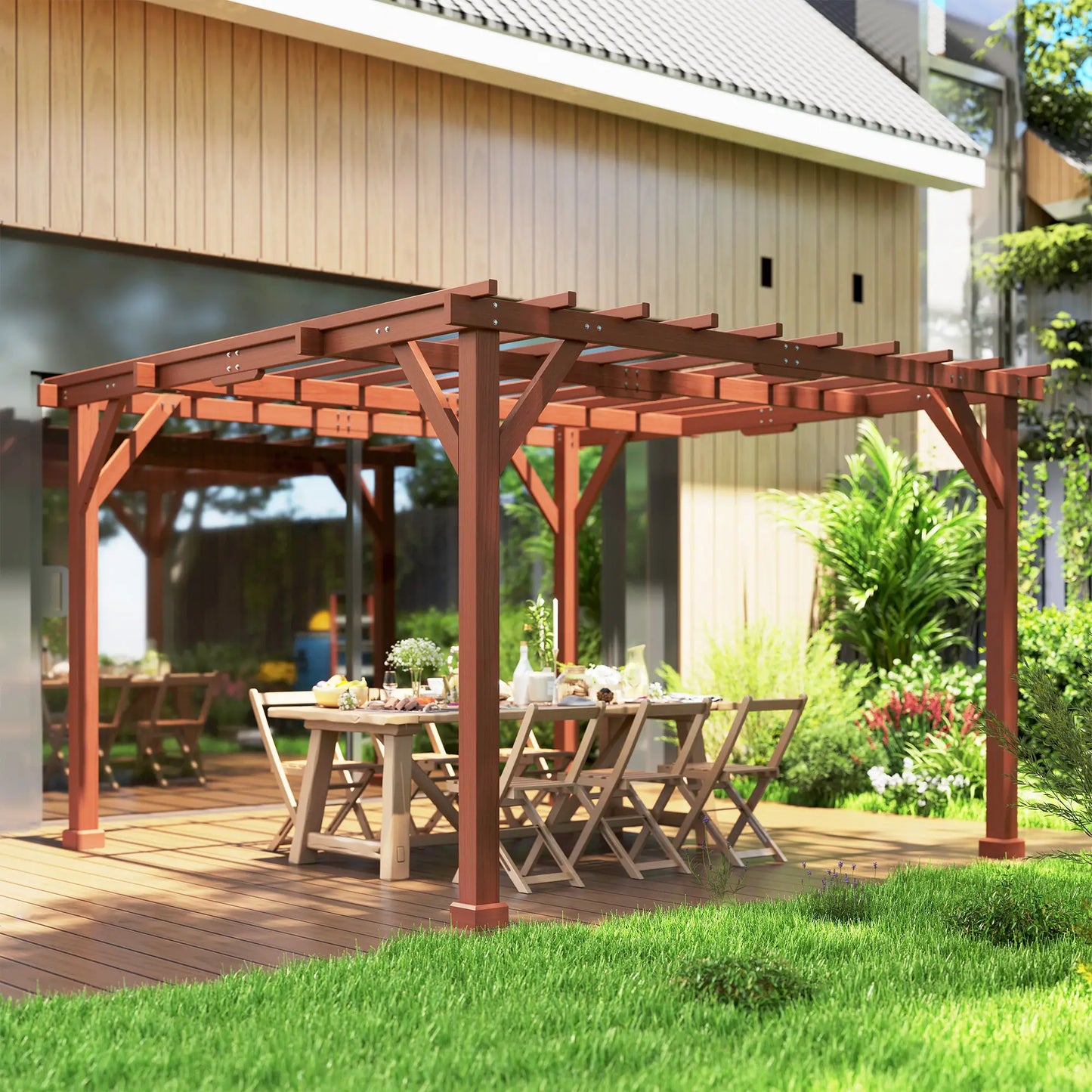 Outsunny 3.3 x 3.3(m) Wooden Pergola Kit, Garden Pergola Gazebo Grape Trellis with Stable Structure for Climbing Vines, Flowers