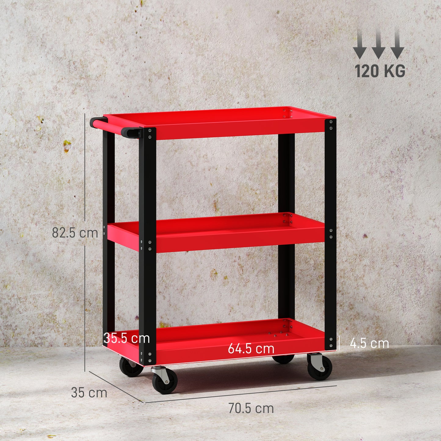 HOMCOM Tool Utility Cart Heavy Duty Tool Trolley Rolling with Brake Swivel Castors 3 Shelves Black Red