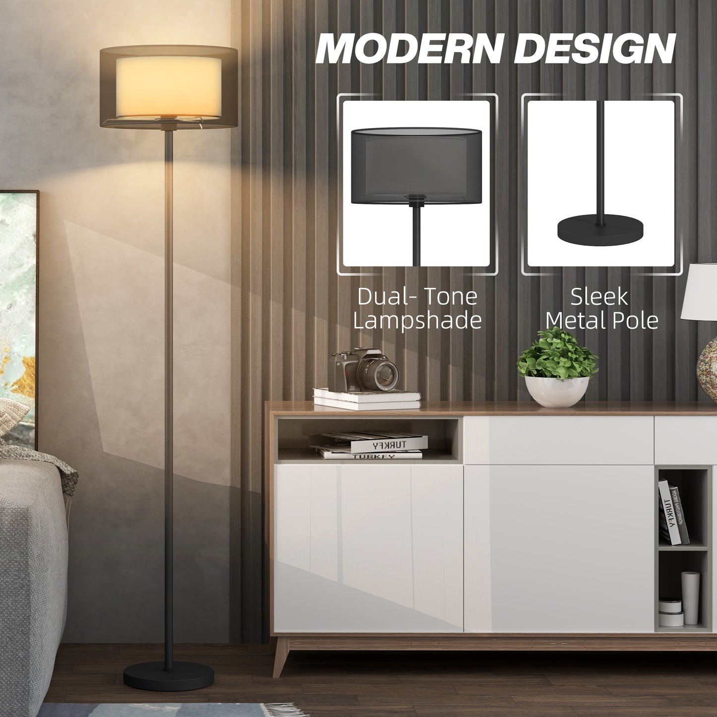 HOMCOM Modern Floor Lamp with Dual-Layer Shade & Foot Switch, Height Adjustable Tall Pole for Bedroom, Office, Living Room, Black