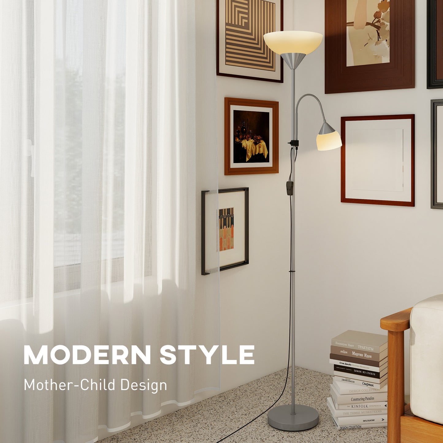 HOMCOM LED Floor Lamp, 180cm Tall with Adjustable Gooseneck, 3000K/4500K/6500K Colour Temps, Mother & Child Uplighter, Silver Tone