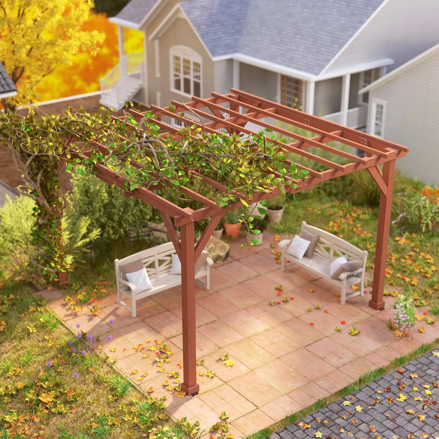 Outsunny 3.3 x 3.3(m) Wooden Pergola Kit, Garden Pergola Gazebo Grape Trellis with Stable Structure for Climbing Vines, Flowers