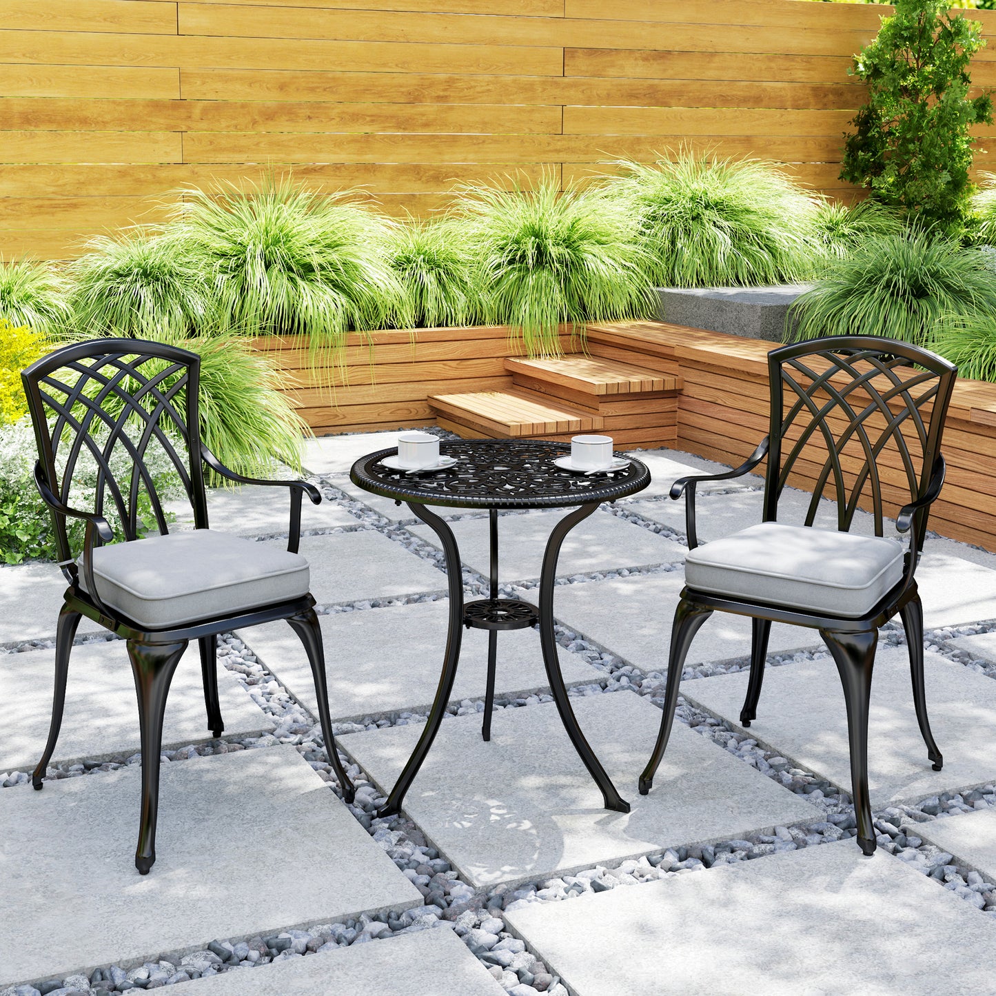 Outsunny 3 Piece Cast Aluminium Bistro Set, Rust Resistant with Parasol Hole & Cushions, Black
