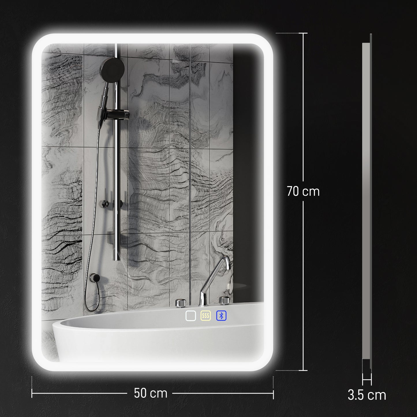 HOMCOM 50 x 70 cm Backlit Illuminated Bathroom Mirror with LED Lights and Bluetooth - Silver Tone