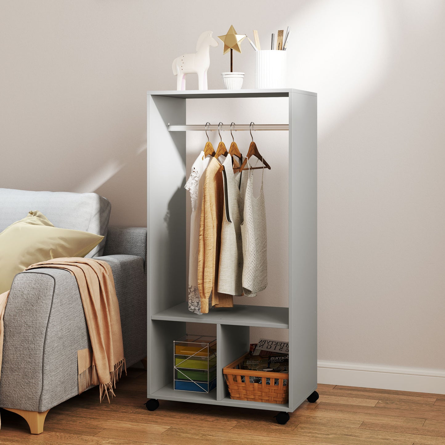 HOMCOM Open Wardrobe for Bedroom, Small Wardrobe on Wheels with Clothes Rail