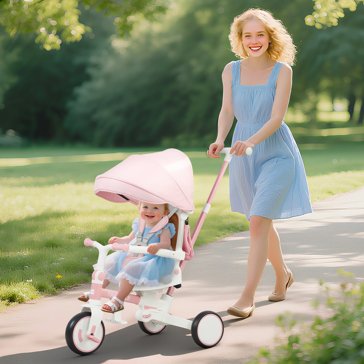 AIYAPLAY 5 in 1 Kids Trike with Adjustable Backrest, Toddler Tricycle with Push Handlebar, Adjustable Backrest, Pink