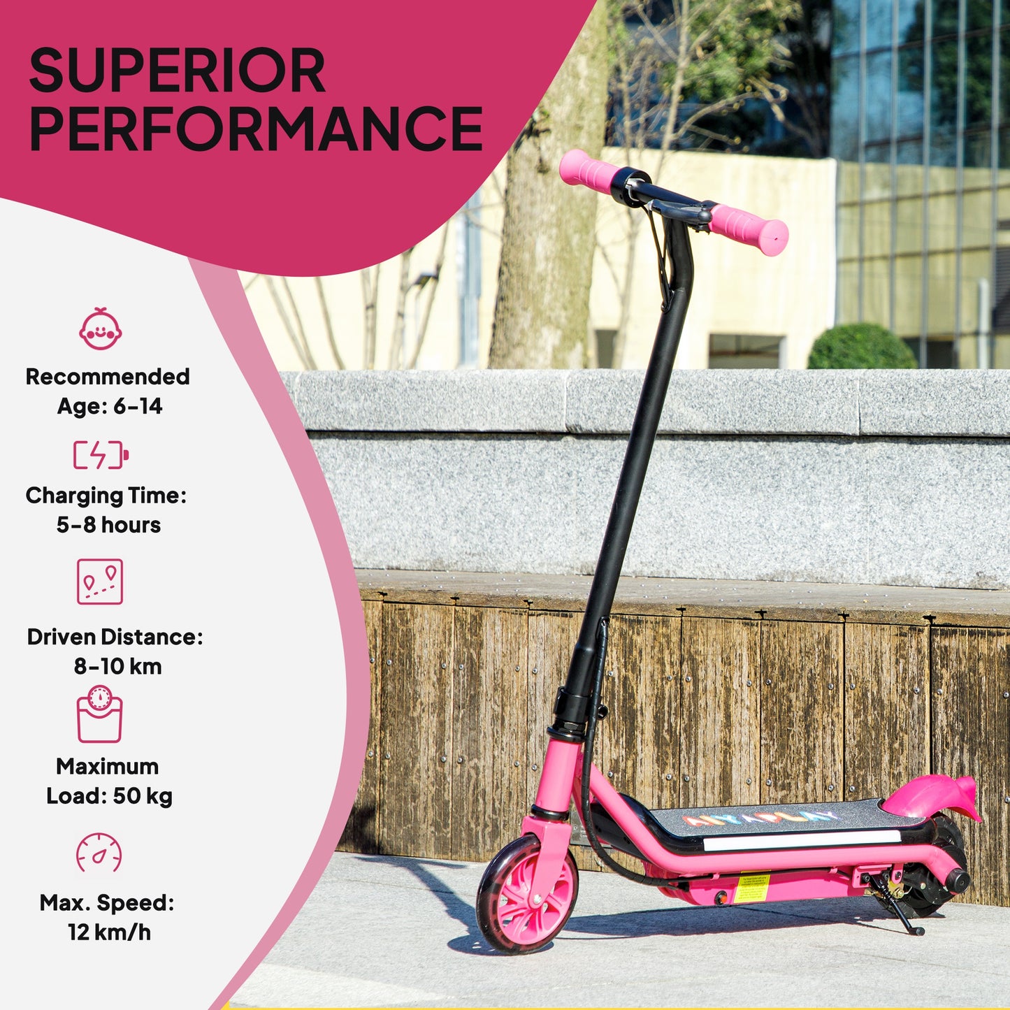 AIYAPLAY Kids Electric Scooter Ages 6-14, Dual Brakes, Flash Wheel, Light, Up to 12 KM/H & 10 KM Range, Pink