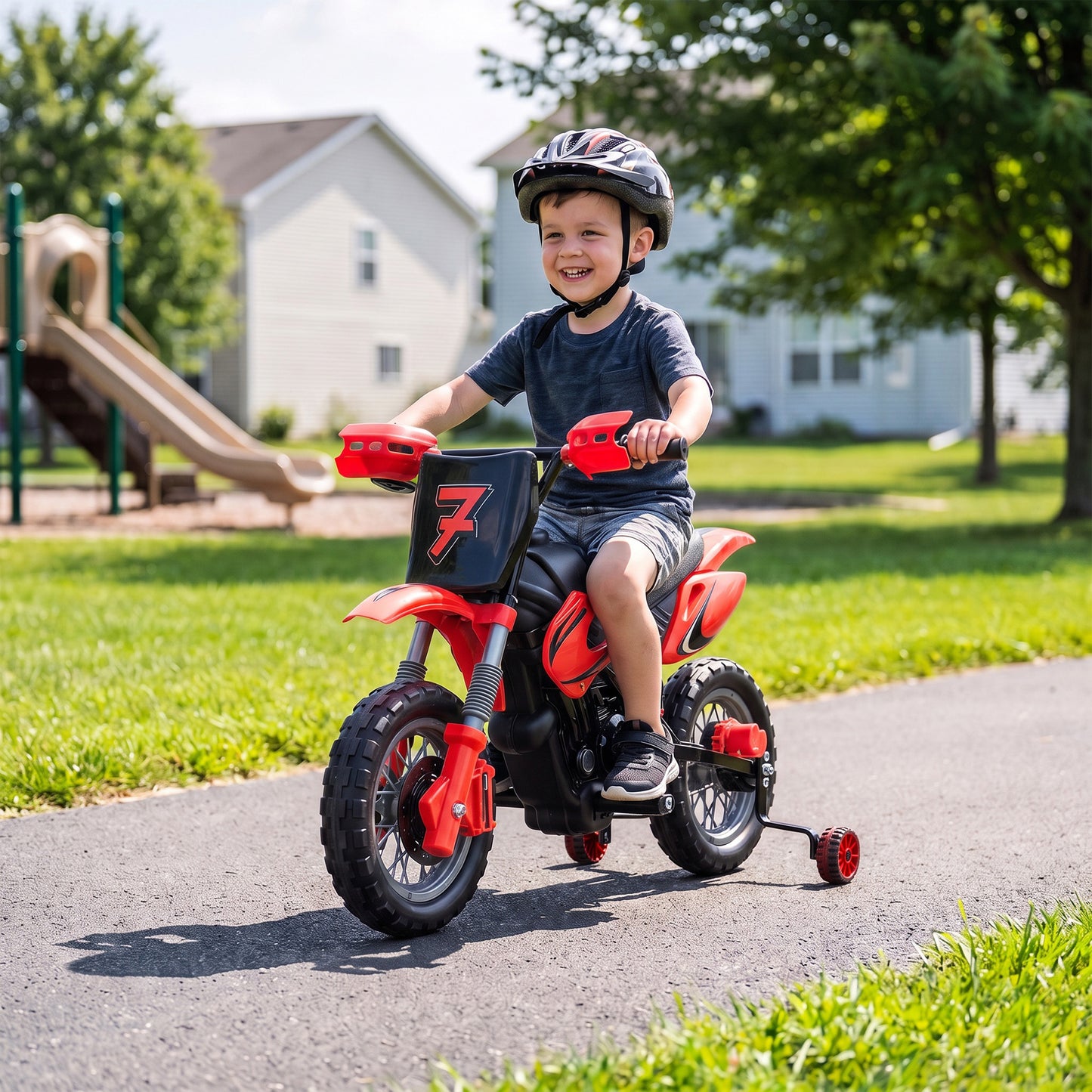AIYAPLAY 12V Kids Electric Motorbike, Ride on Motorcycle with Dual Motors, Training Wheels, Rear Suspension for 3-6 Years, Red