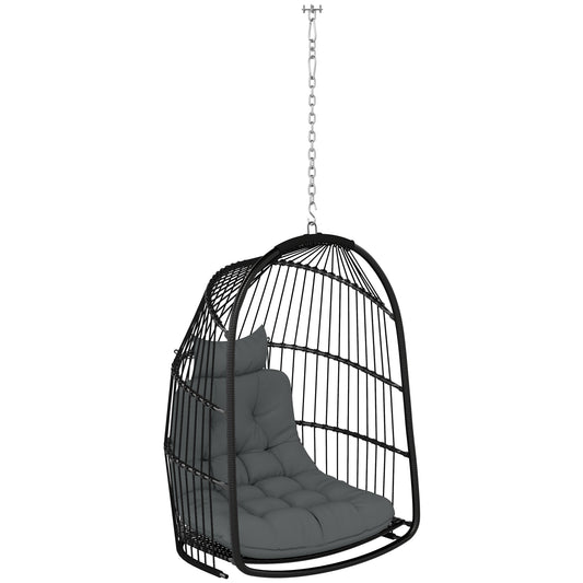 Outsunny Hanging Egg Chair Indoor Outdoor Rattan Swing with Installation Kit, Foldable Seat, Thickened Cushion & Headrest, Dark Grey