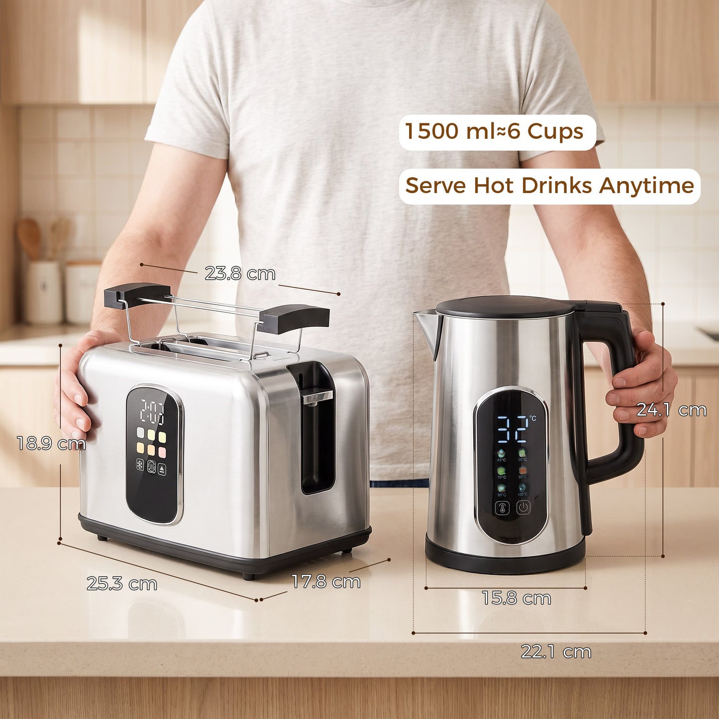 HOMCOM Kettle and Toaster Set with LED Touch Screen, Kettle with Strix Thermostat, 2 Slice Toaster w/ 6 Browning Levels, Silver